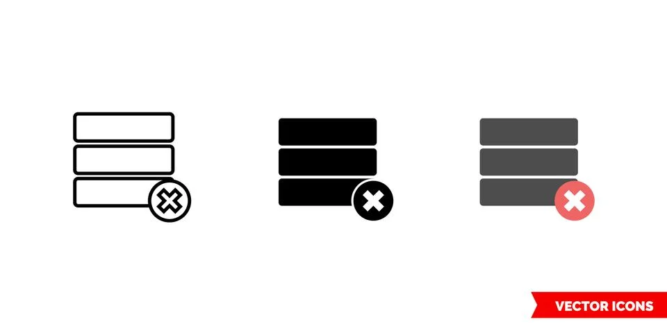 Delete database icon of 3 types color, black and white, outline. Isolated vec Illustrazione stock
