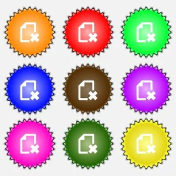 Delete File document  icon sign. A set of nine different colored labels. Vect Stock Illustration
