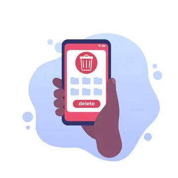 Delete file folders, smart phone in hand vector Illustrazione stock