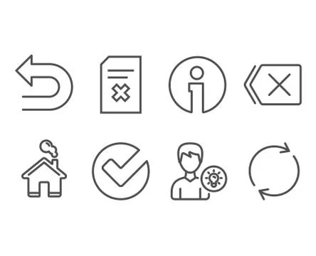 Delete file, Verify and Remove icons. Person idea, Undo and Full rotation signs. Stock Illustration