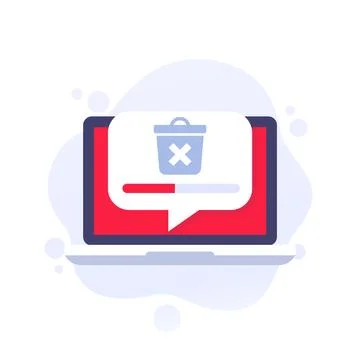 Delete files icon with a laptop, progress bar and trash bin Stock Illustration
