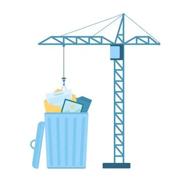 Delete files to trash bin, construction crane putting emails and folders, photos Stock Illustration