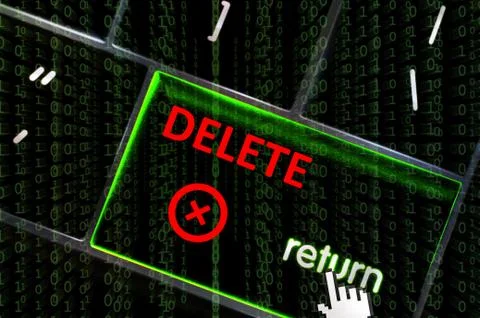 Delete with focus on return button overlaid with binary code 스톡 일러스트