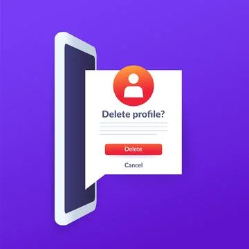 Delete profile form, vector ui design with mobile phone Illustrazione stock