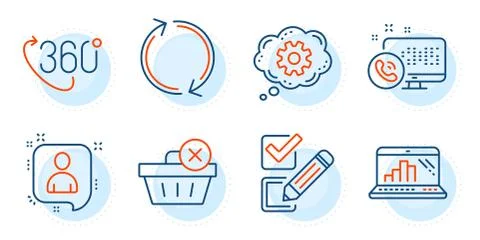 Delete purchase, Refresh and Graph laptop icons set. 360 degree, Developers chat Illustrazione stock