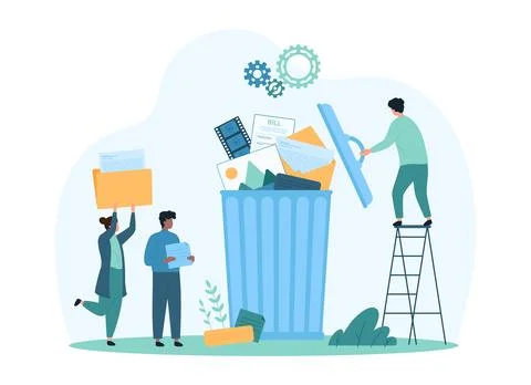Delete trash data, memory cleaning process, tiny people throw files and folders Stock Illustration