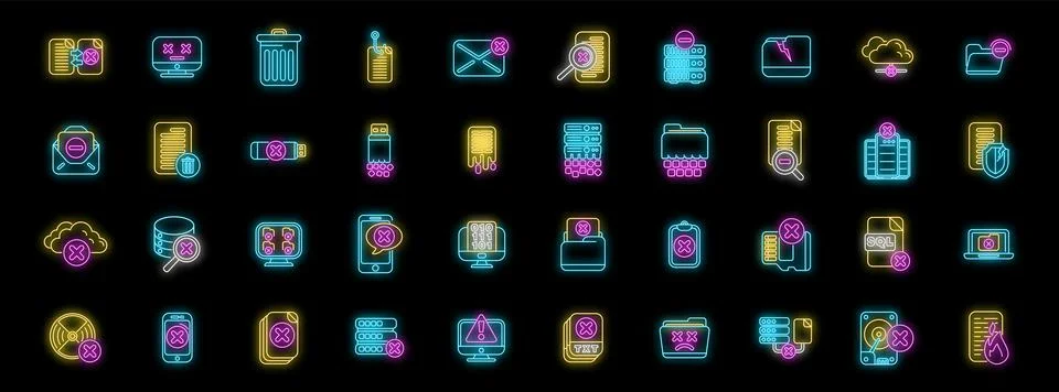 Deleted files and data loss prevention neon icon set, protecting digital in.. Illustrazione stock