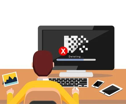 Deleting file process on desktop screen concept. Person working on computer. Stock Illustration
