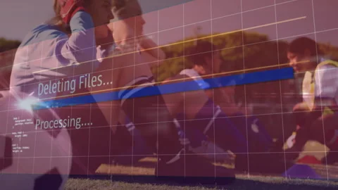 Deleting files and processing animation over people sitting on grass field Stock Footage 303415068