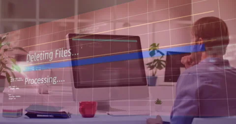 Deleting files and processing animation over person working at desk with Stock Footage 304095752