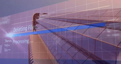 Deleting files and processing text animation over modern glass building facade Stock Footage 304842016