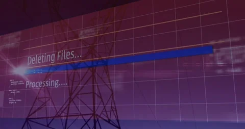 Deleting files and processing text animation over power line silhouette Stock Footage 327003431