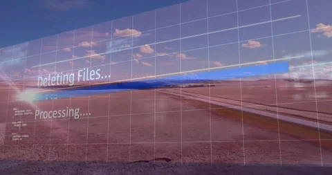 Deleting files and processing text animation over desert landscape with grid 스톡 동영상 330728992