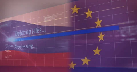 Deleting files, processing text with animation over European Union flag in Stock Footage 303586623