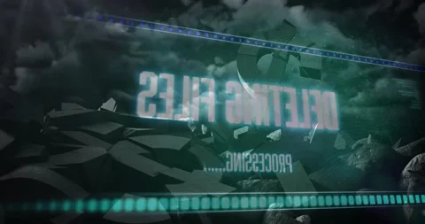 Deleting files text appearing over shattered 3D shapes and cloudy sky in Stock Footage 305832995
