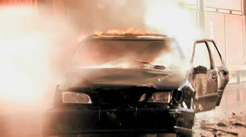 Deleting fire on burning car Stock Footage 37268758