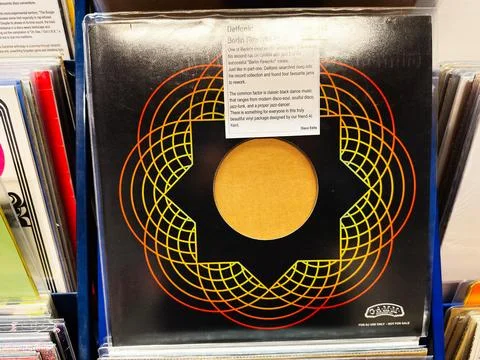 Delfonic Berlin Reworks disco edits 2018 vinyl record sleeve with geometric.. Stock Photos