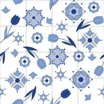 Delftware decorative seamless pattern with tulips. Vector illustration Stock Illustration