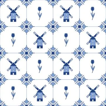 Delftware decorative seamless pattern with tulips and windmills. Vector Stock Illustration