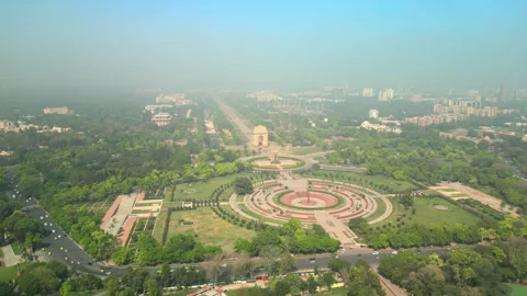 Delhi: Aerial view of capital city of India, iconic landmark India Gate Stock Footage 242991184