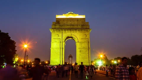 Delhi Arch India Gate Medium Shot Day to Night Timelapse Stock Footage 148985363