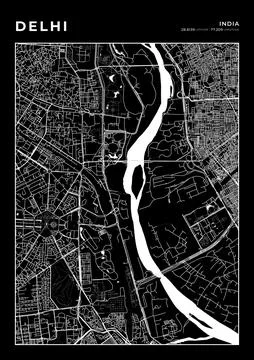 Delhi Map Wall Art Frame, Cartography Map Print, City Layout Map Stock Illustration