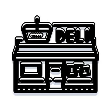 Deli store front building icon with shopping basket Ilustración de archivo