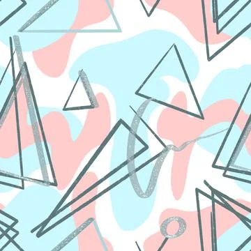 Delicate abstract seamless pattern with blue pink spots, triangles and sparkles Stock Illustration