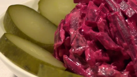 Delicate and delicious salad of beet and cucumber. Stock Footage 70642814