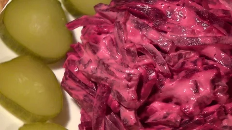 Delicate and delicious salad of beet and cucumber. Stock Footage 70642815