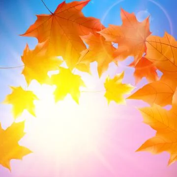 Delicate autumn sun with glare on blue sky. Stock Illustration