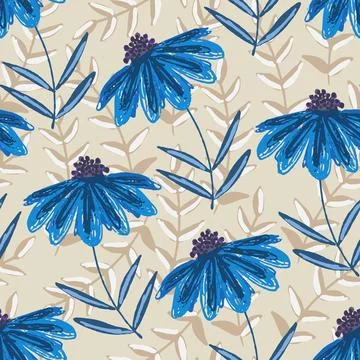 Delicate blue flowers on biege pattern Stock Illustration