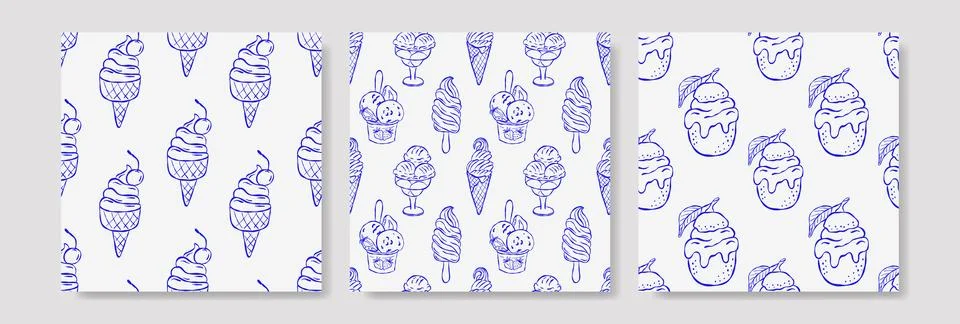 Delicate blue patterns with hand drawn ice cream Stock Illustration