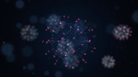 Delicate blue virus particles with pink spike tips float calmly across a dark Stockbeeldmateriaal 347602148