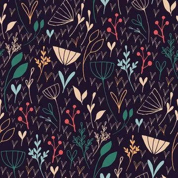 Delicate botanical seamless pattern with hand drawn flowers and herbs on blue Stock Illustration