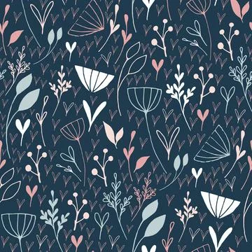 Delicate botanical seamless pattern with hand drawn flowers and herbs on blue Stock Illustration