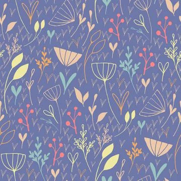 Delicate botanical seamless pattern with hand drawn flowers and herbs on viol Stock Illustration