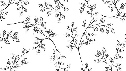 Delicate Botanical Seamless Pattern: Hand-Drawn Twigs with Leaves on White Stock Illustration