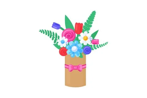 Delicate bunch of flowers in gift box in solid cartoon style Stock Illustration