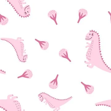 Delicate childrens pattern with dinosaurs and flowers. Vector illustration in Stock Illustration