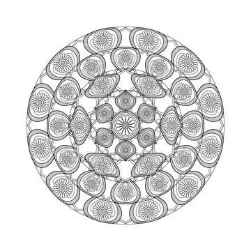 A delicate circular design arranges repeated rounded blossoms and angular c.. Stock Illustration