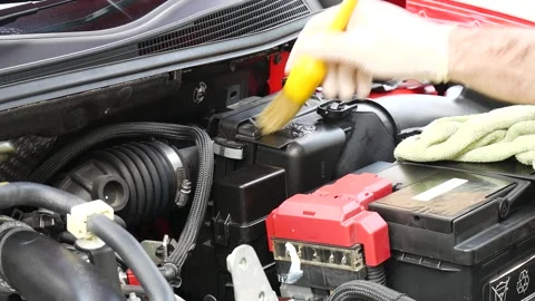 Delicate cleaning air filter brush of Nissan Pulsar engine closeup Video stock 141107730