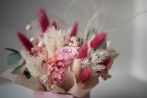 Delicate composition of dry and stabilized flowers Stock Photos