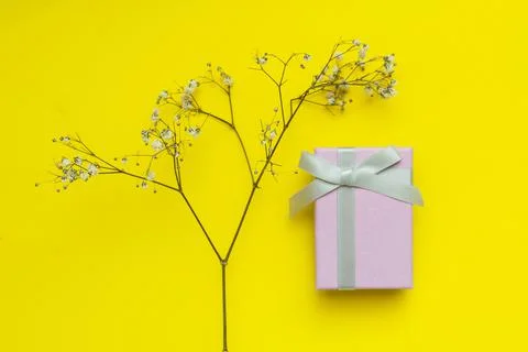 Delicate composition with gift pink box Foto stock