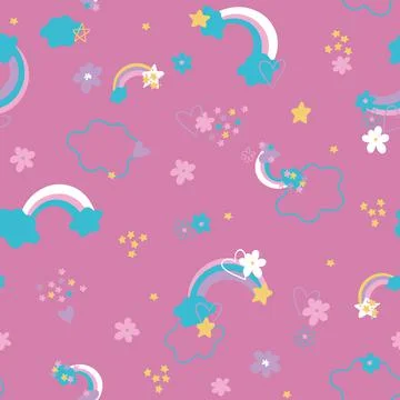 Delicate cute vector children's pattern with rainbows, stars and flowers on a 스톡 일러스트