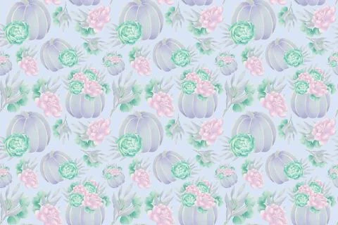 Delicate, decorative, seamless pattern of an illustration of a blue pumpkin d Stock Illustration