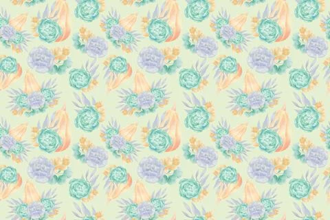 Delicate decorative seamless pattern of illustrations of pumpkins and succule Stock Illustration