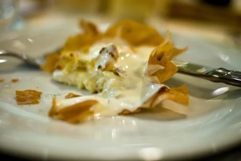 Delicate, elegant starter of crispy, flaky pastry filled with soft cheese Foto stock