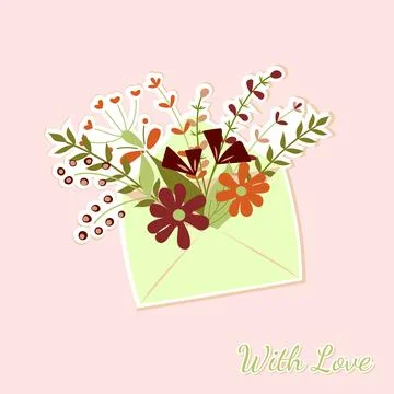 Delicate envelope overflowing with vibrant flowers on a soft light pink bac.. Stock Illustration
