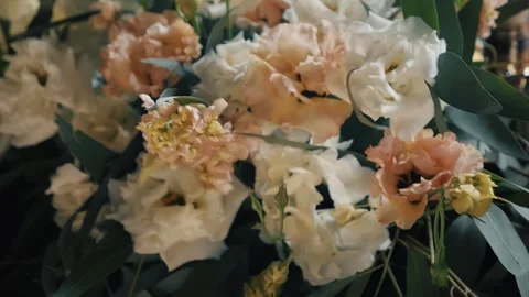 Delicate Eustoma Flowers and Eucalyptus Leaves Composition Stock Footage 311335971